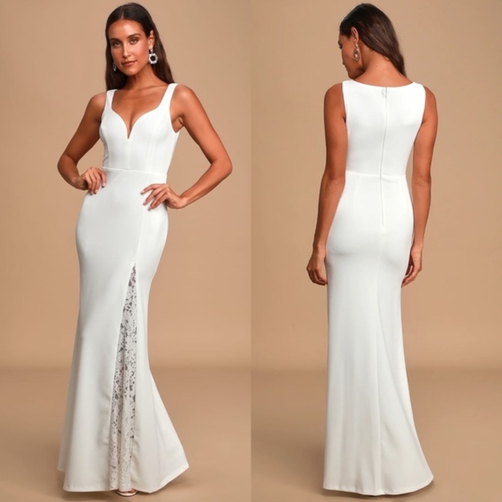 NWOT Lulus Take a Vow White Lace Sleeveless Mermaid Maxi Dress